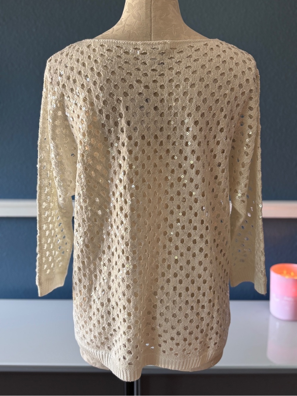NWT Chico’s Sasha Sequin Pullover Sweater Ecru Open Knit Sparkle Size 3 - Picture 4 of 8